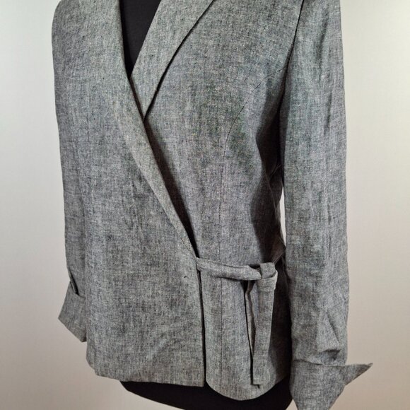 Vintage Womens Linen Wrap Blazer Sz L Gray Lined Office Smart  Adjustable - Picture 8 of 9